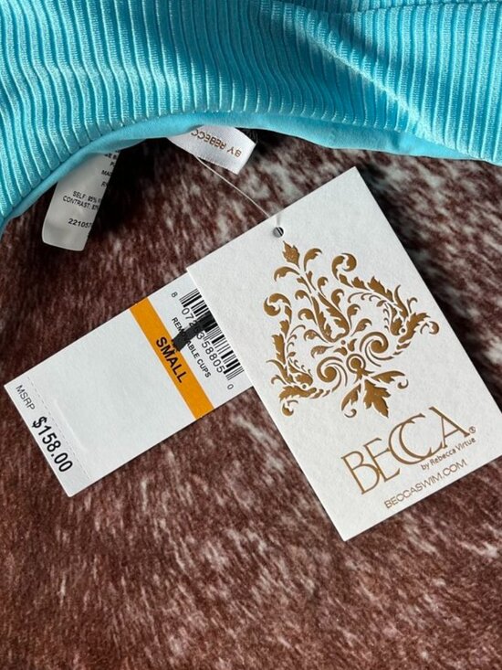 Becca Monte Carlo Belted Rib One Piece Swimsuit Bright Oasis Blue Small - Picture 15 of 16